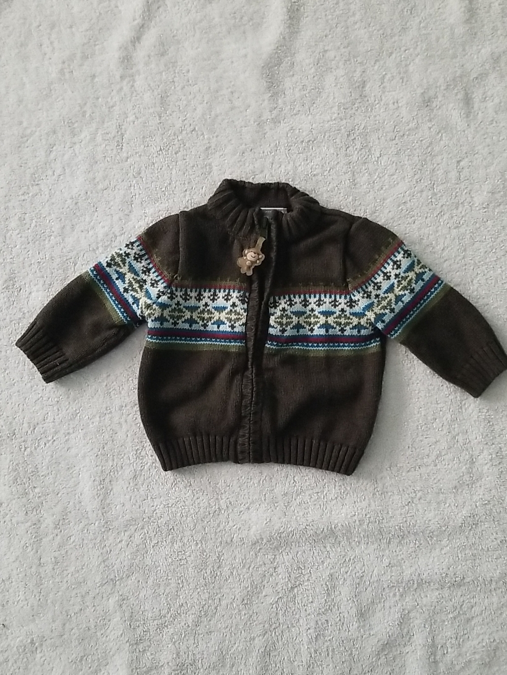 Baby Fair Isle Full Zip Cardigan Sweater Green w/ Monkey Zipper Pull Size 3-6 M